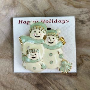 Happy Holidays Family of Snowmen Teal Cream Brooch